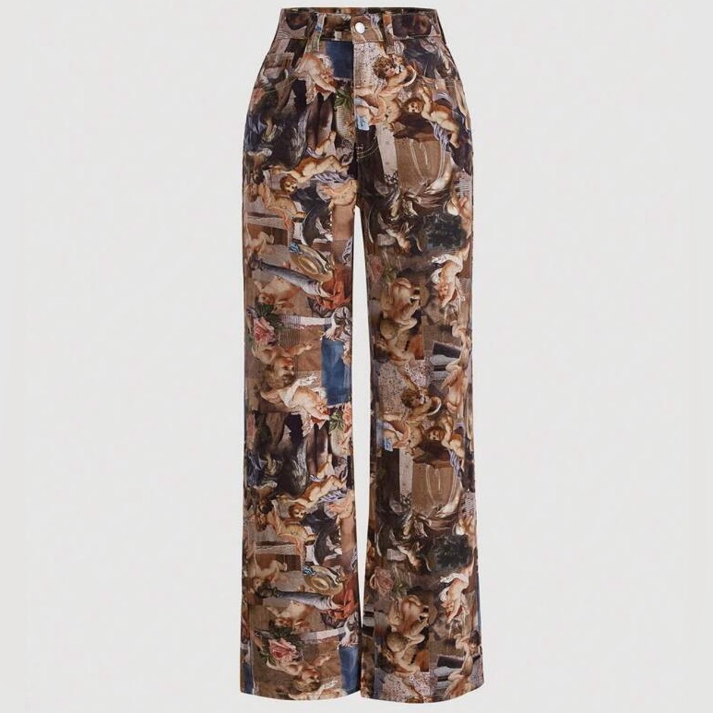 NWOT SHEIN Artistic Print Wide Leg Pants - Brown Size 25
